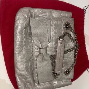 Carolina Herrera Silver Shoulder Bag with Bow Accent